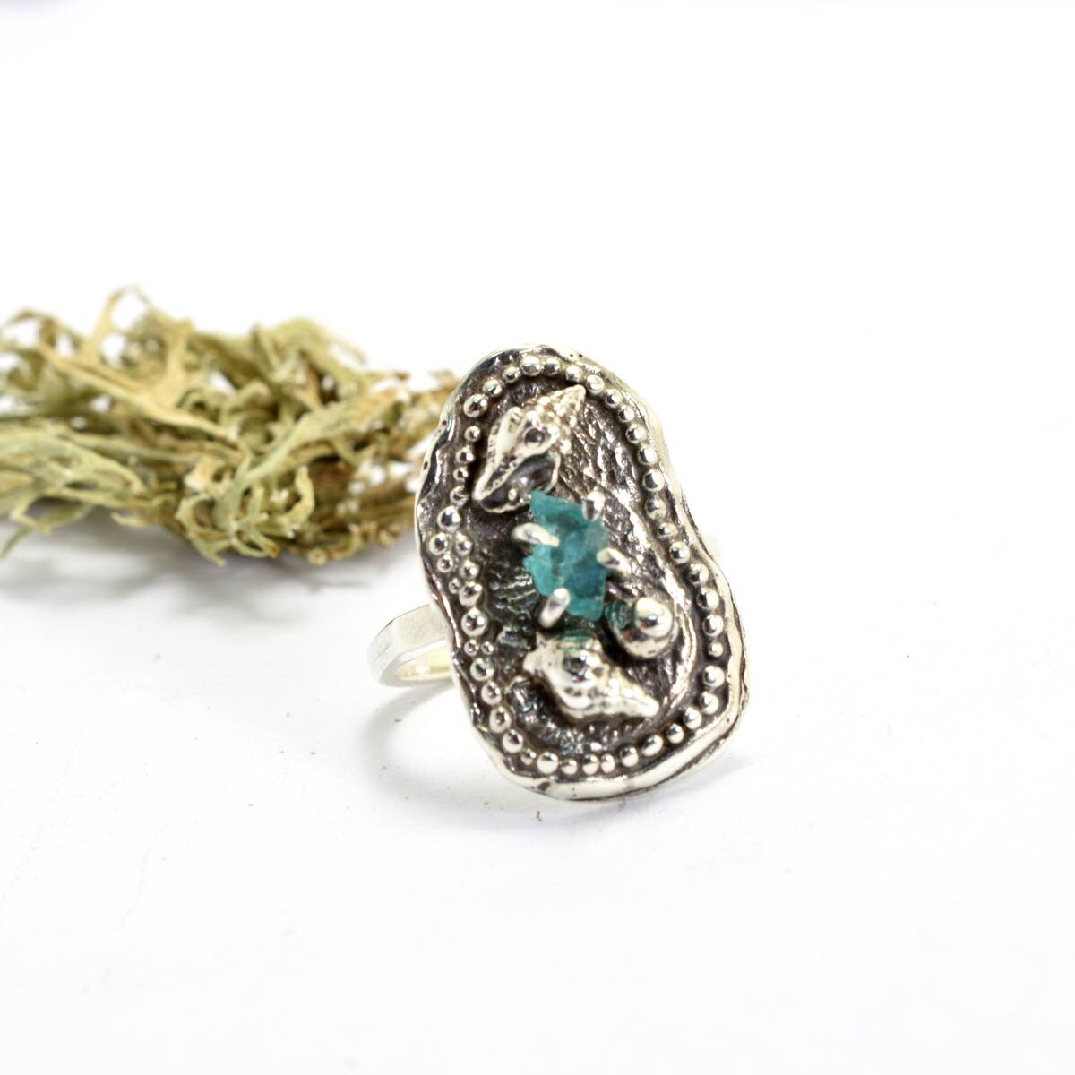 Raw Apatite Ring From Sterling Silver With Small Handmade Sea Shells, Blue Stone Jewelry Marine Gift For Her Size 6