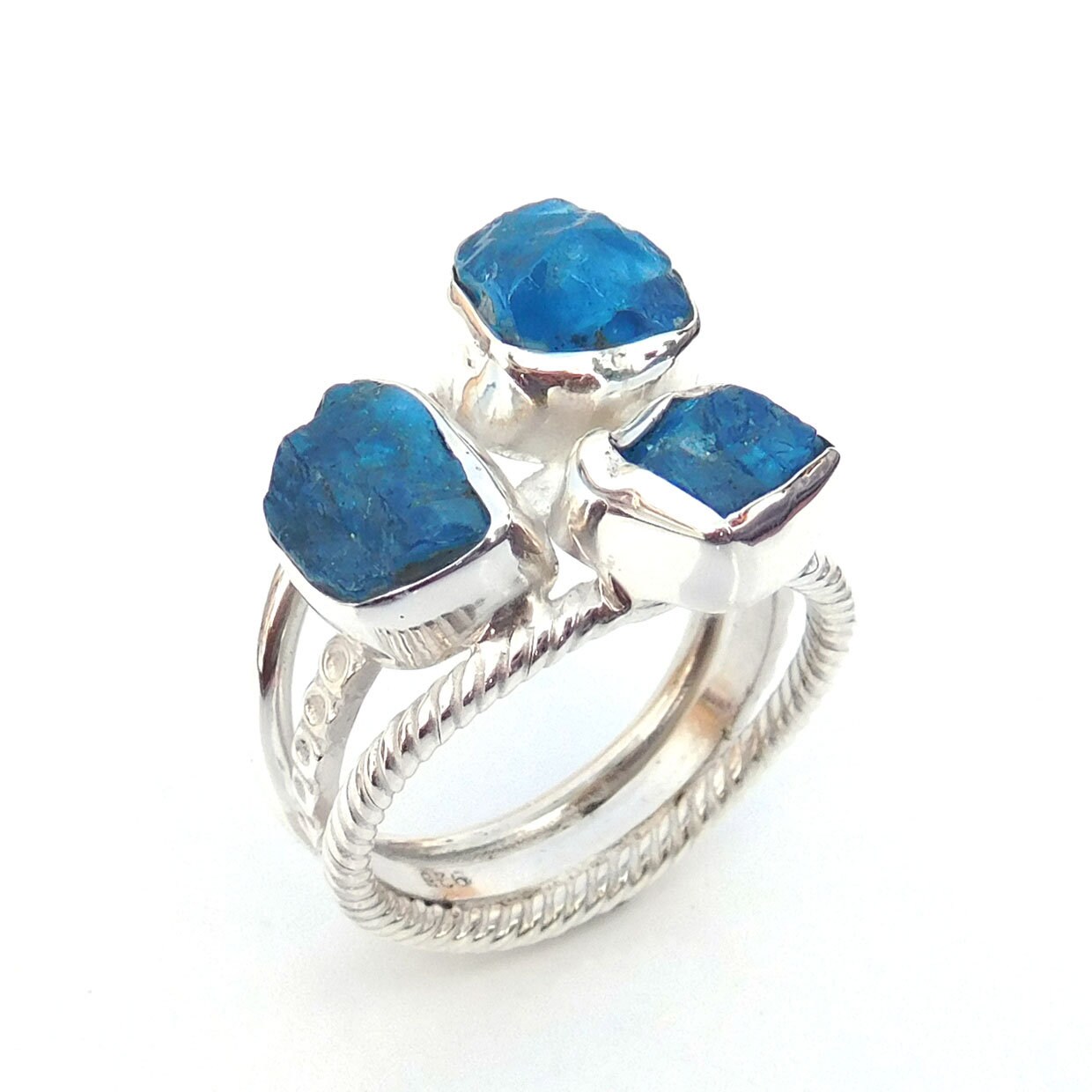 Raw Neon Blue Apatite Ring: Sterling Silver Cluster Ring
