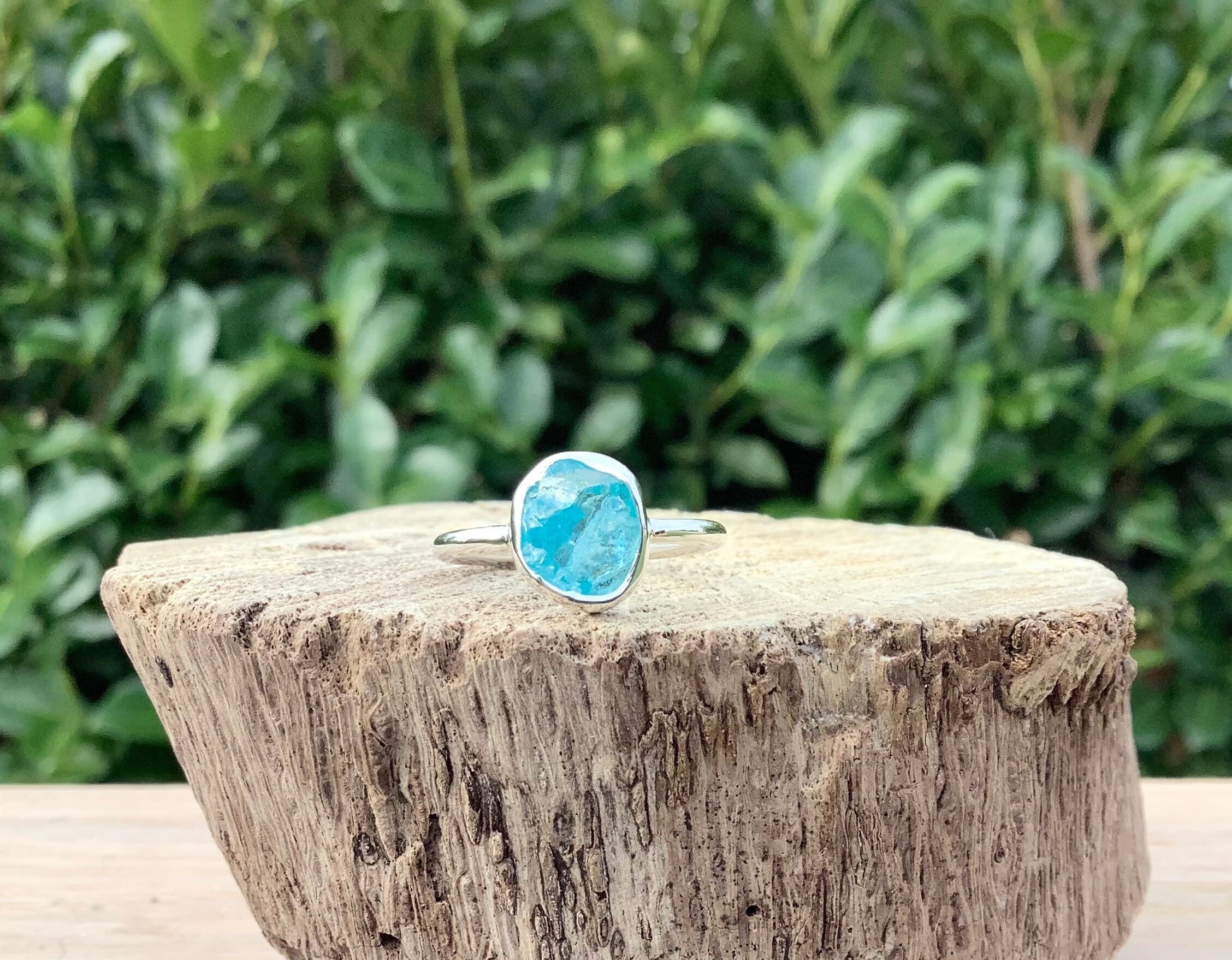 Raw Apatite Sterling Silver Ring - Something Blue Bridal Jewelry