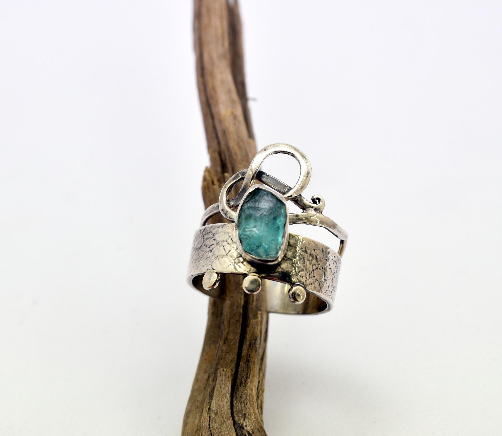Sterling Silver Apatite Ring, Raw Neon Blue Gemstone Free Formed Band Size 7.5, Artisan Jewelry Gift For Her