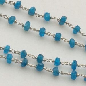 3-3.5mm Neon Apatite Faceted Rondelle Beads In 925 Silver Wire Wrapped Rosary Style Chain, Neon Blue Apatite Chain ( 1foot To 10feet Option)
