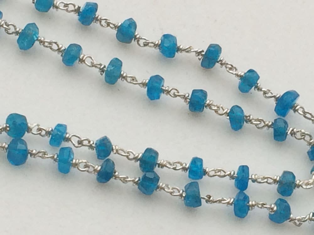 3-3.5mm Neon Apatite Faceted Rondelle Beads In 925 Silver Wire Wrapped Rosary Style Chain, Neon Blue Apatite Chain ( 1foot To 10feet Option)