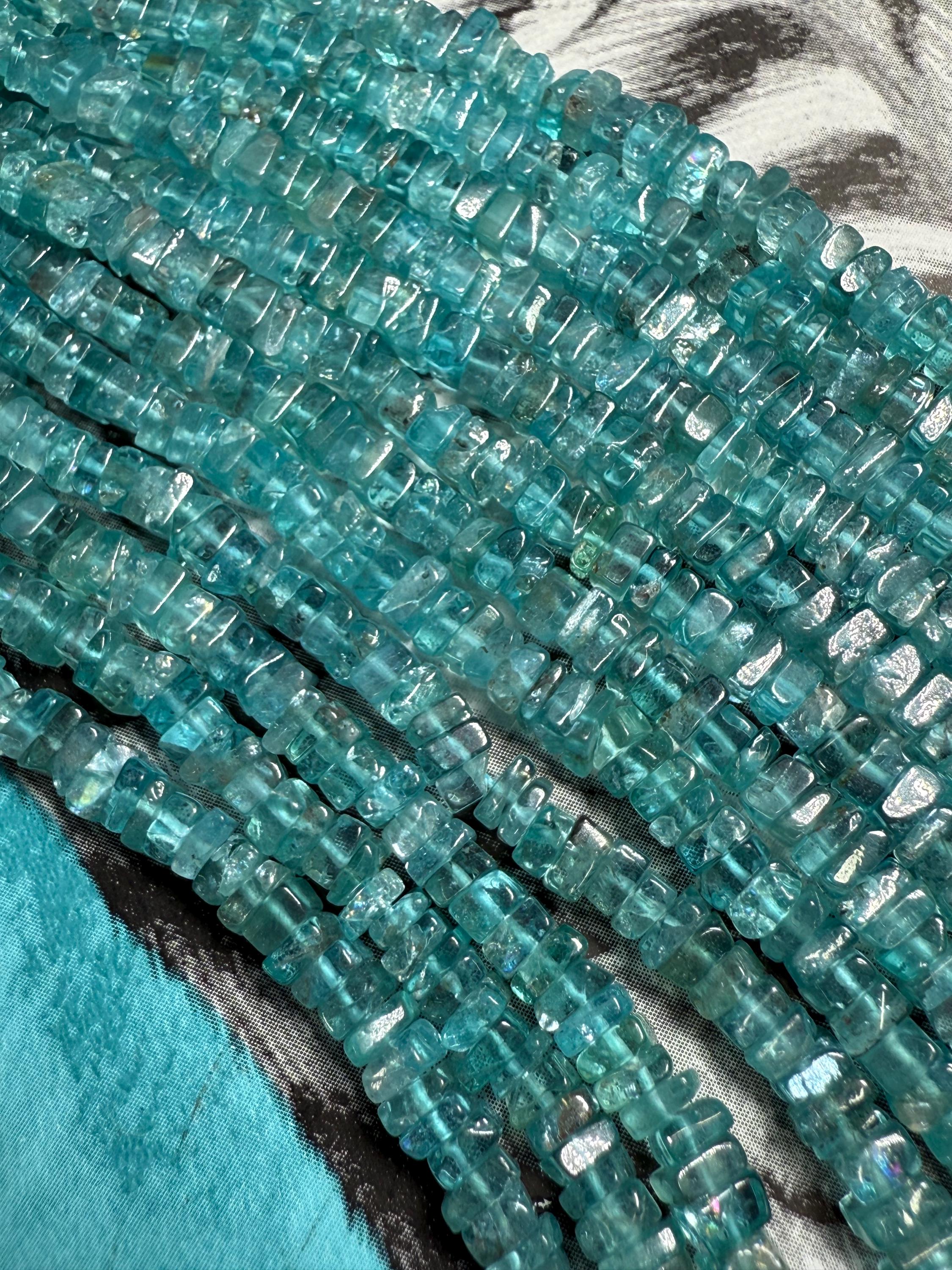 Aqua Apatite Handcut Rustic Blue Square Heishi  Rondelle Spacer  Beads / Natural   Gemstone Beads/ 4mm Approx