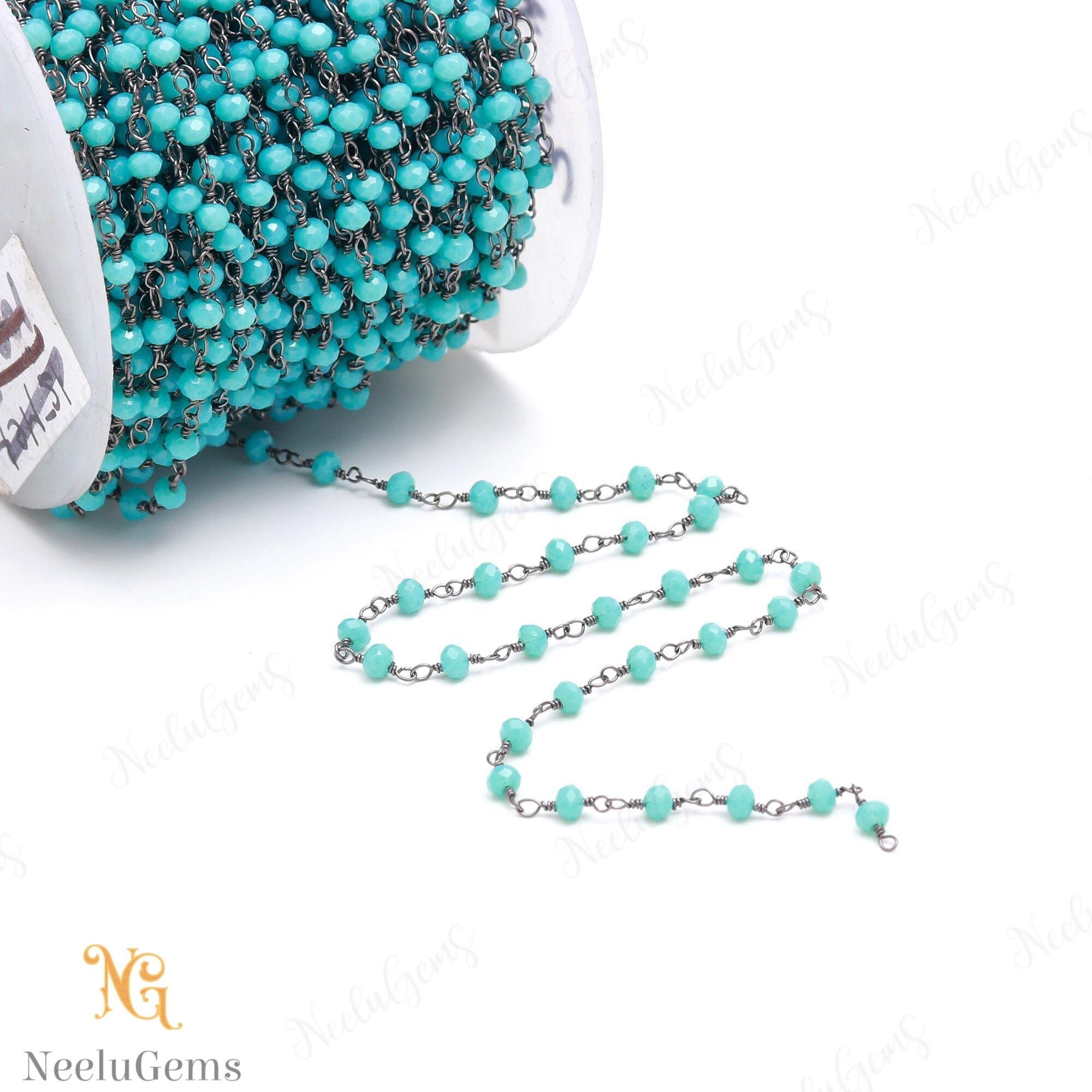 Beautiful Blue Apatite Hydro Rondelle Beads Chain,3 Mm Black Plated Wire Wrap Microcut Beaded Chain,rosary Chain For Handmade Jewelry