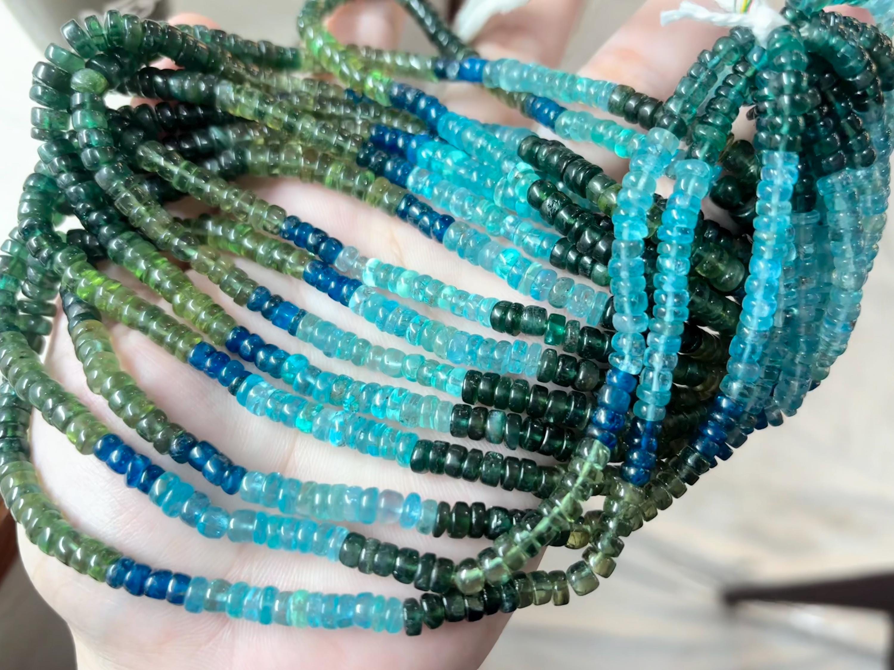 Natural Blue & Green Multi Apatite Smooth Rondelles Gemstones For Jewelry Making, Size 4.5-6mm
