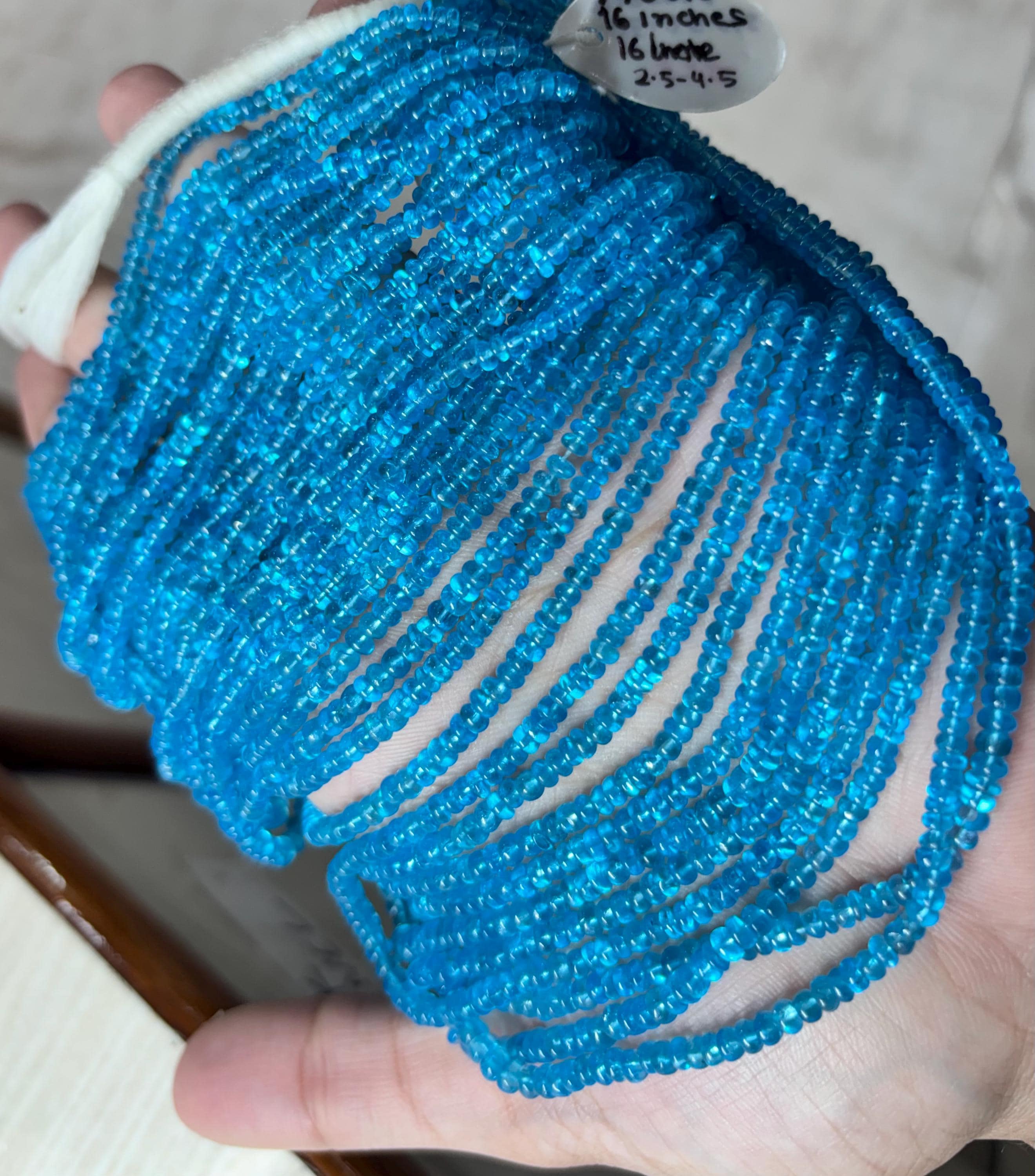 Natural Neon Blue Apatite Smooth Rondelles Gemstones For Jewelry Making, Size 3-4mm