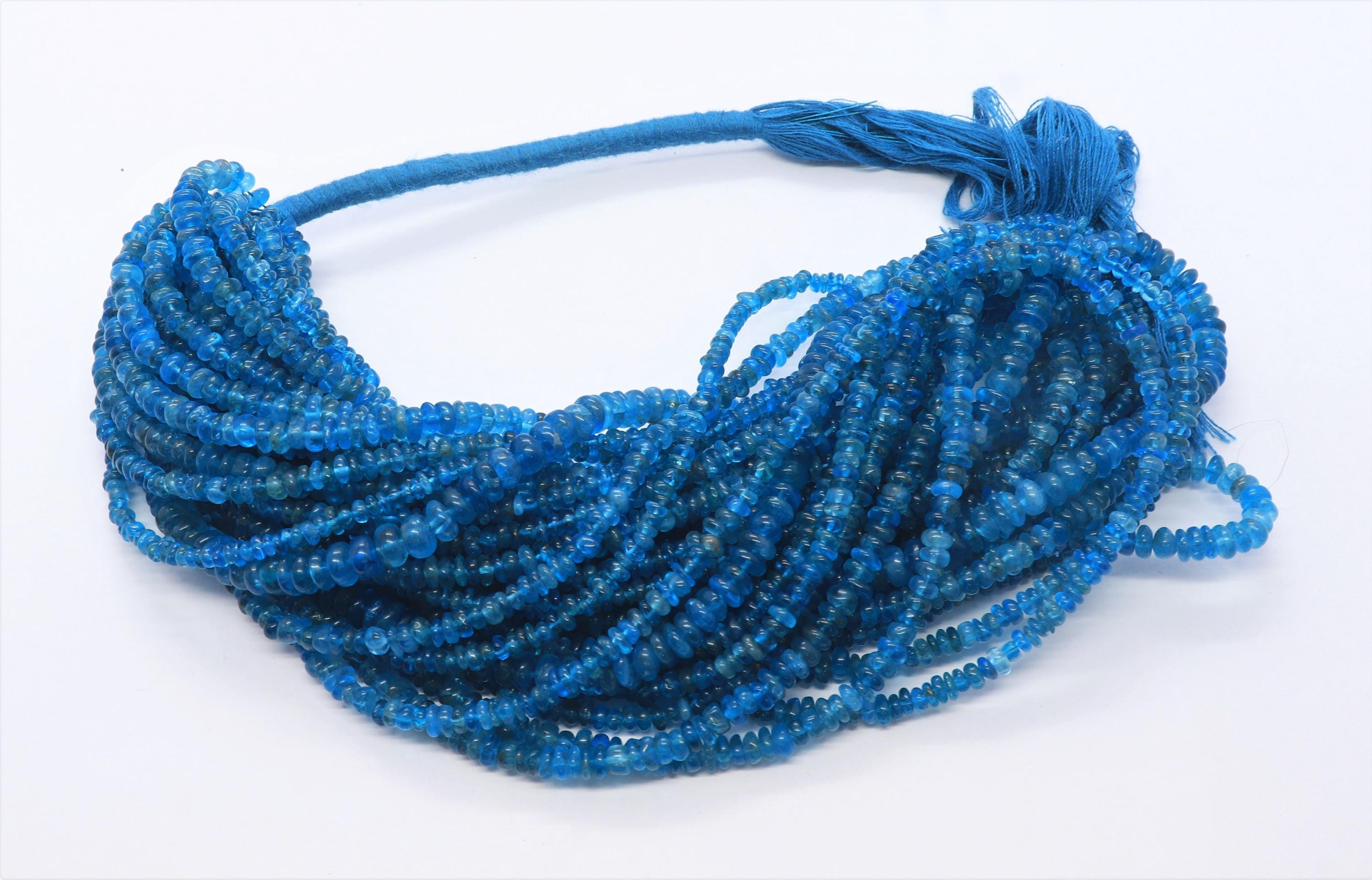 Natural Neon Apatite Smooth Rondelle Beads, 3-4 Mm Dark Blue Apatite Beads, 16" Plain Neon Apatite Rondelle, Neon Apatite Gemstone Beads