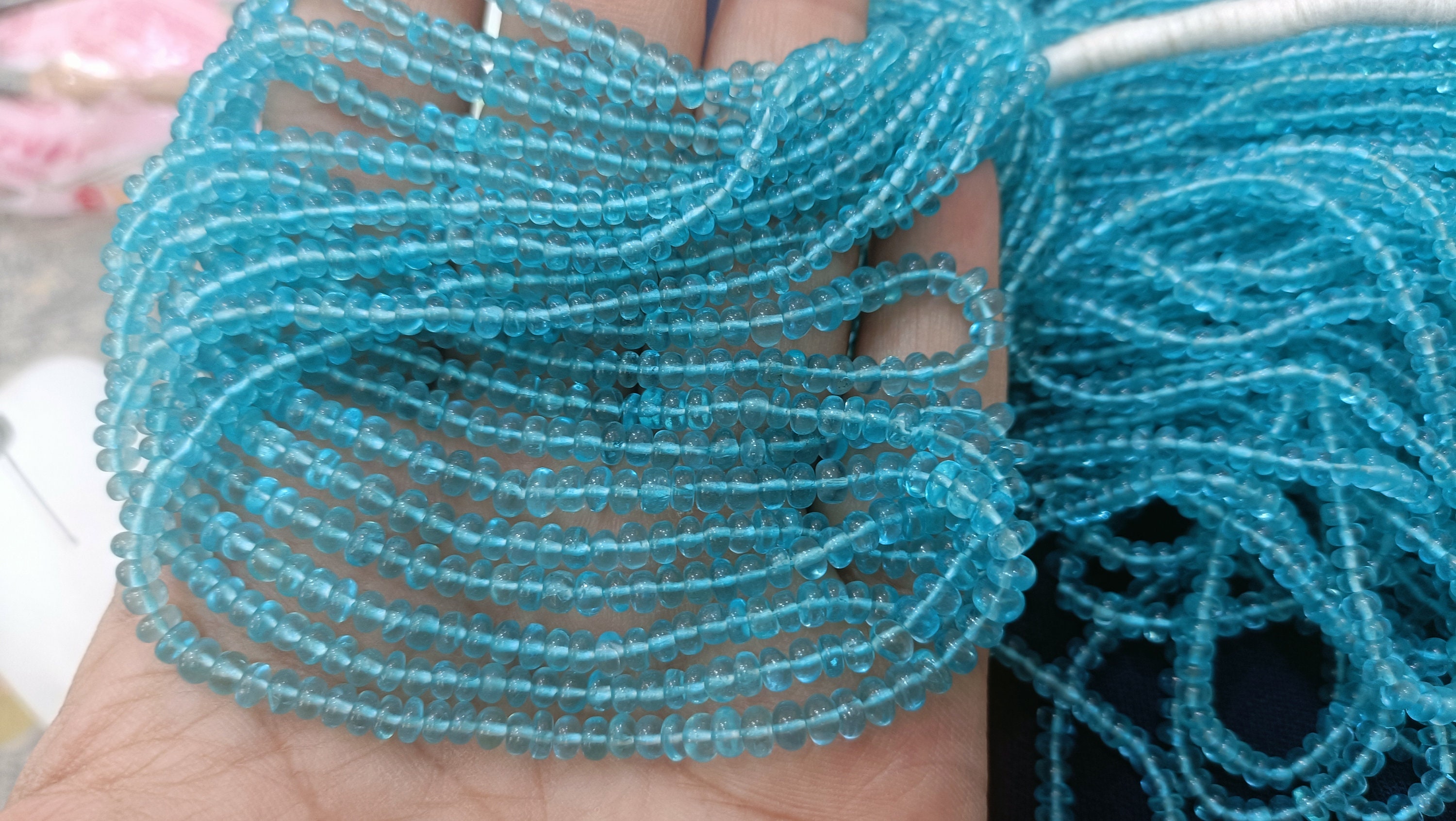 Natural Sky Blue Apatite Smooth Rondelle, Size 3-4.5mm