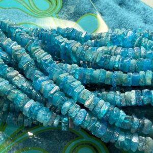 Neon Apatite Handcut Rustic  square heishi  Rondelle spacer  Beads / Natural Teal Blue   Gemstone Beads/ 5mm approx