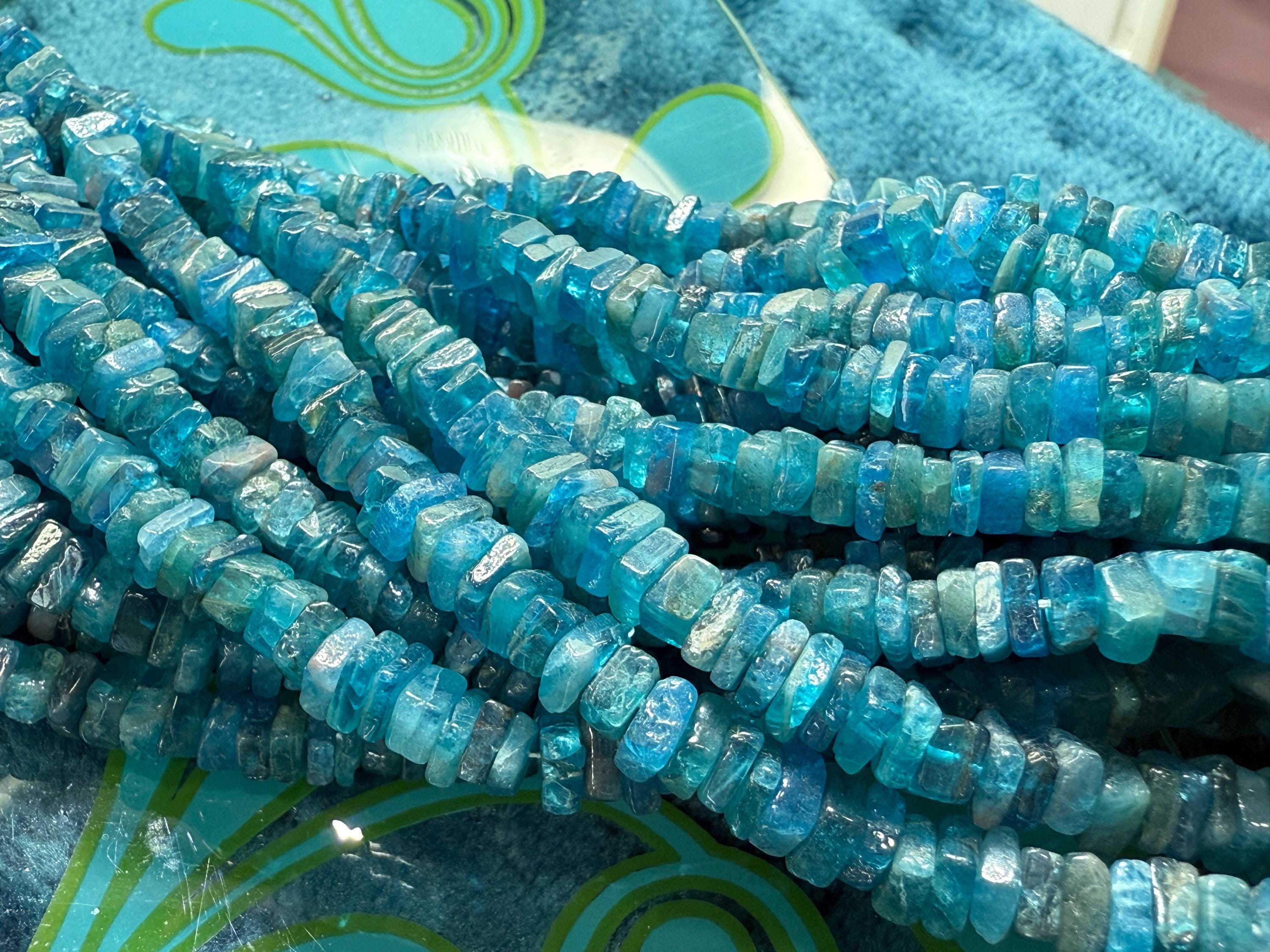 Neon Apatite Handcut Rustic Square Heishi Rondelle Spacer Beads / Natural Teal Blue Gemstone Beads/ 5mm Approx