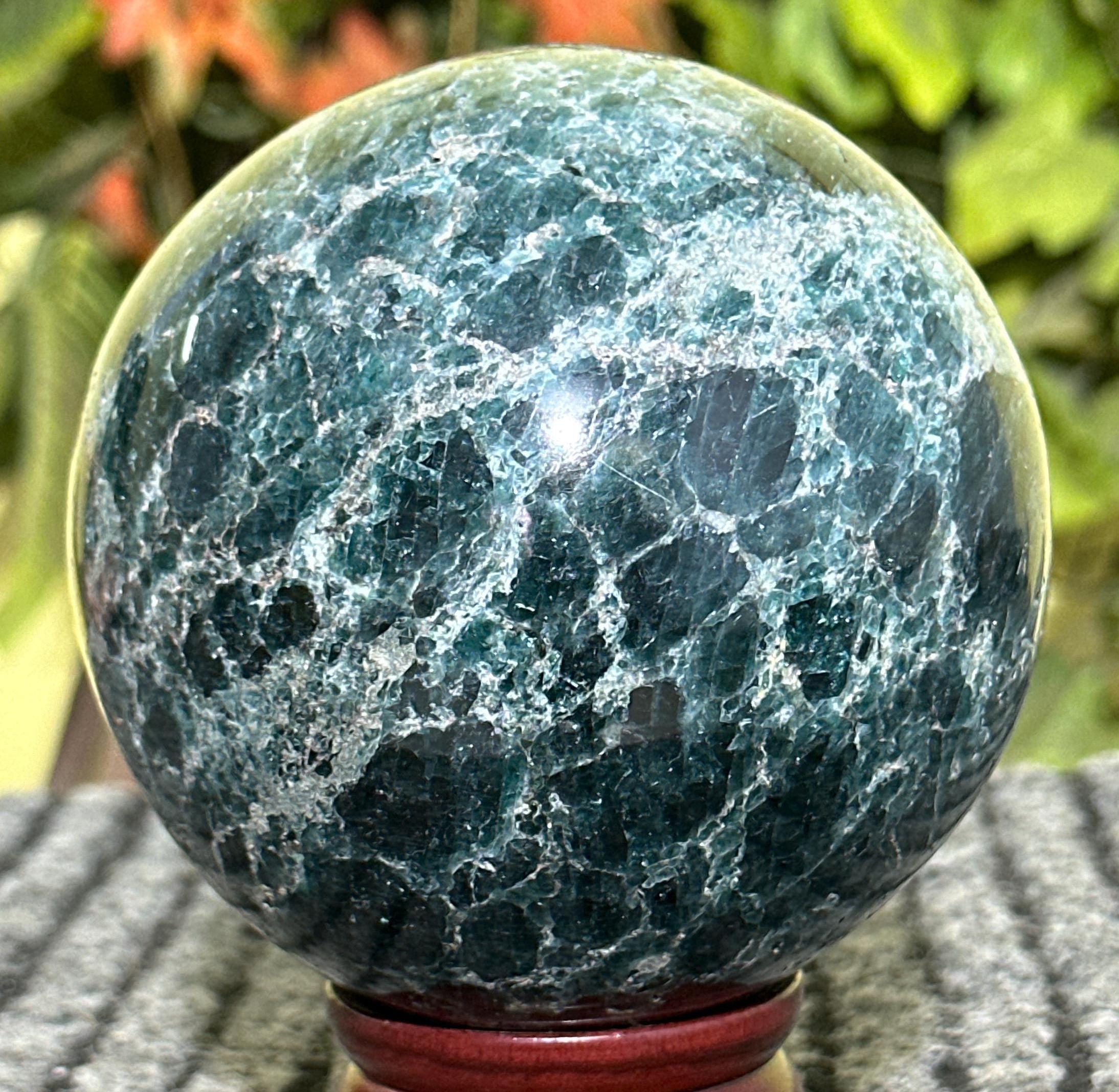 Large 11.5cm Blue Apatite Sphere: Polished Altar Decor, Feng Shui Large 11.5cm Blue Apatite Sphere: Polished Altar Decor, Feng Shui