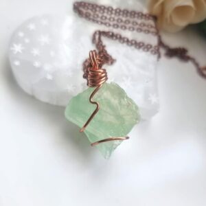 Apple Green crystal necklace calcite pendant, copper wire wrapped, birthstone jewelry, heart chakra birthday gifts for her, gift for him