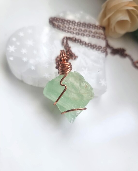 Apple Green Crystal Necklace Calcite Pendant, Copper Wire Wrapped, Birthstone Jewelry, Heart Chakra Birthday Gifts For Her, Gift For Him