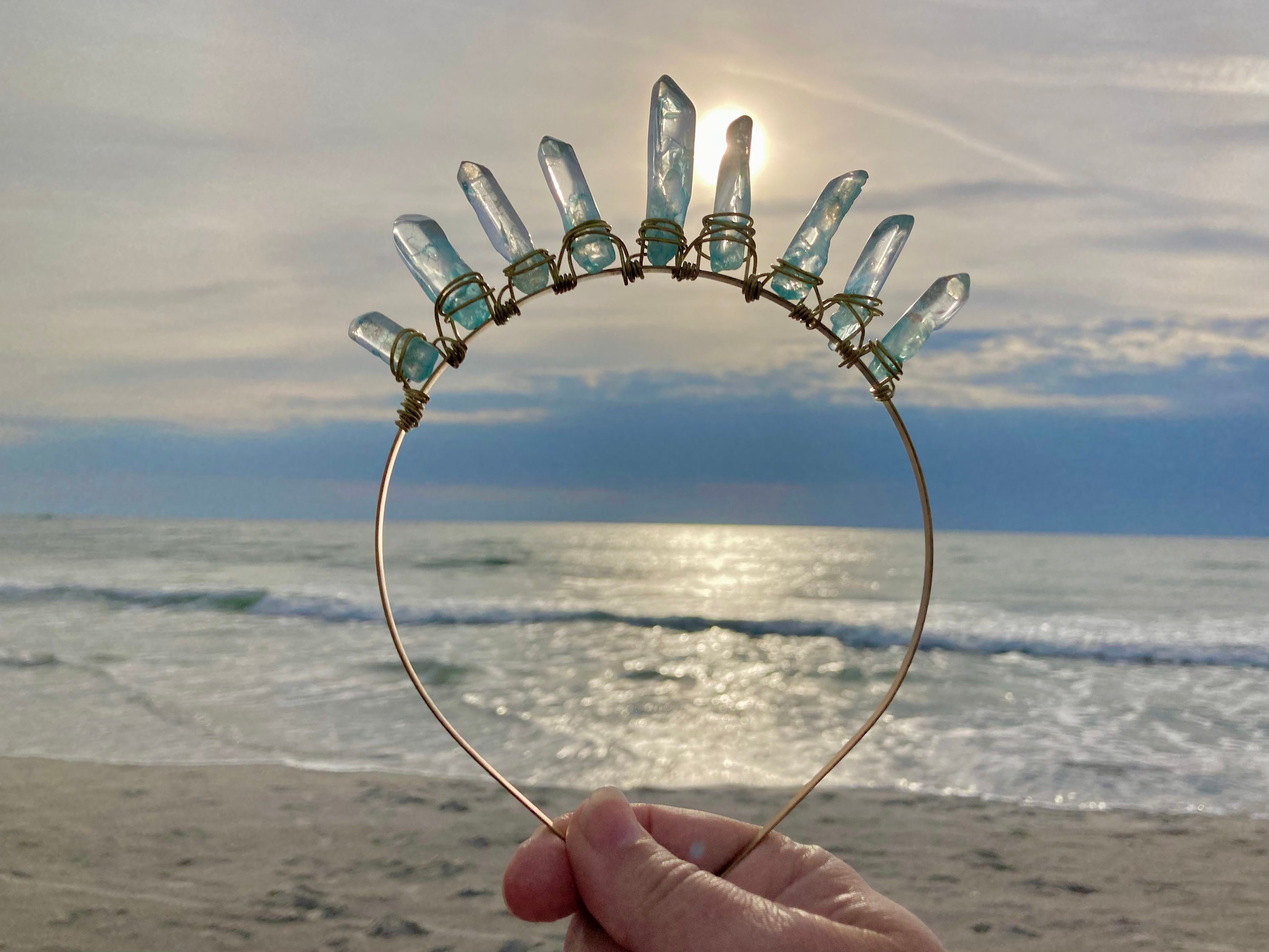 Aqua Aura Quartz Crystal Crown: Gold Wire Wrapped Tiara Aqua Aura Quartz Crystal Crown: Gold Wire Wrapped Tiara