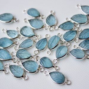 12-14mm Aquamarine Connector Charms, Hand Carved Aquamarine Bezel Connectors Gemstone Carving Connector For Bracelet 925 Silver Double Link