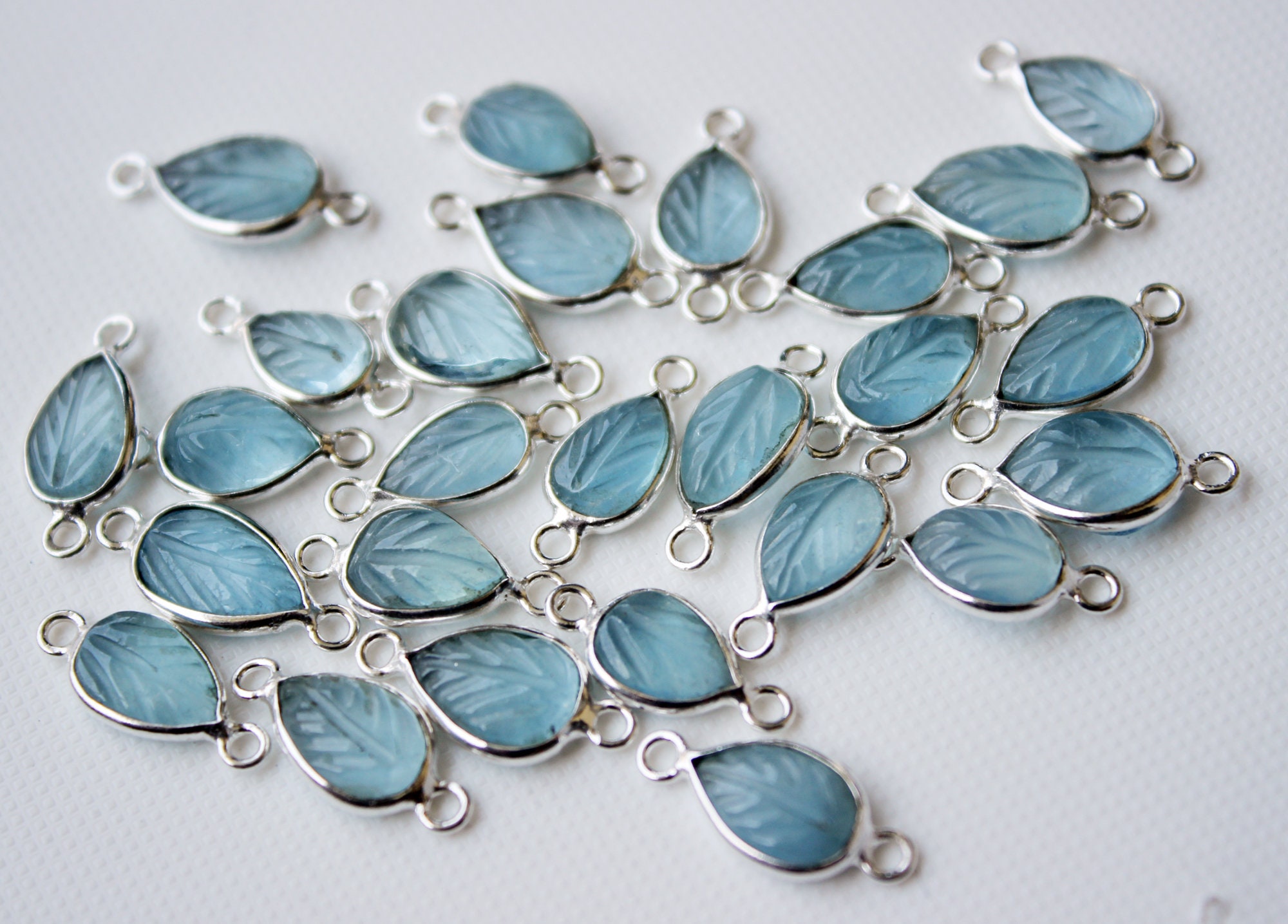 12-14mm Aquamarine Connector Charms, Hand Carved Aquamarine Bezel Connectors Gemstone Carving Connector For Bracelet 925 Silver Double Link