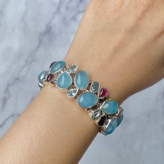 Aquamarine Bracelet / 925 Sterling Silver / Healing Gemstone / Aquamarine Jewelry / Gifts For Her / Oval Cab / Statement Bracelet Aqm-b-1.