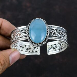 Aquamarine Bangle: Handmade 925 Sterling Silver Adjustable Cuff