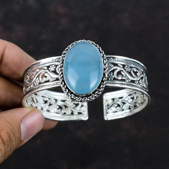 Aquamarine Bangle: Handmade 925 Sterling Silver Adjustable Cuff