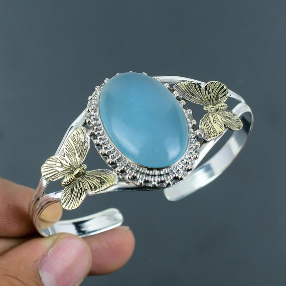 Aquamarine Butterfly Cuff: 18k Gold Plated Sterling Silver Bangle