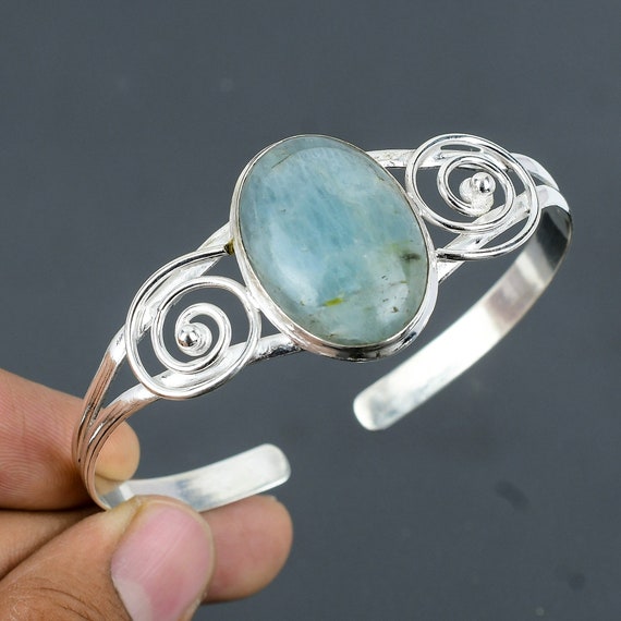 Aquamarine Cuff Bracelet: Handmade 925 Sterling Silver Adjustable Bangle