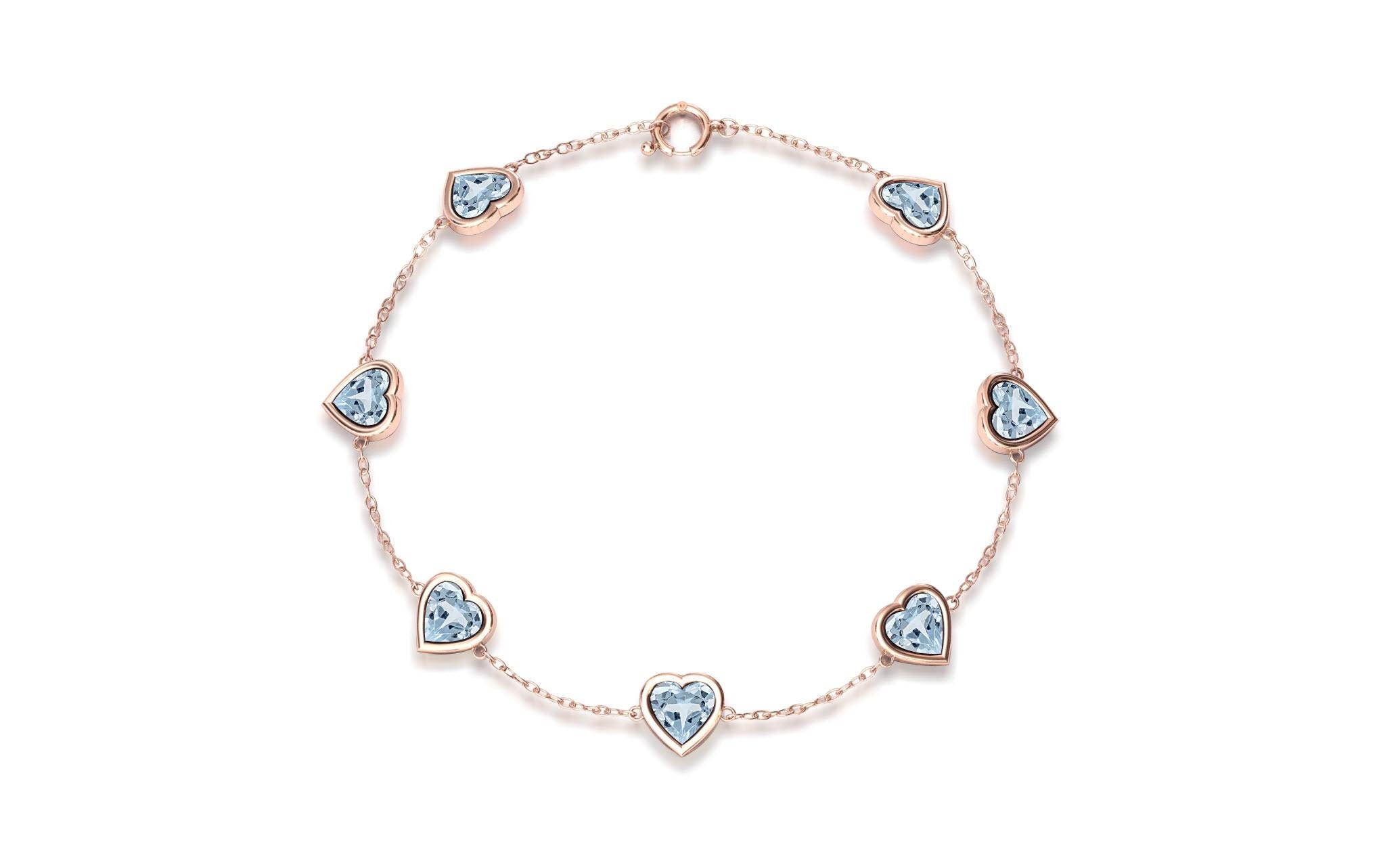 Elegant Heart Aquamarine Bracelet Delicate Heart Charm Aquamarine Gemstone Bracelet Handmade Rose Gold Aquamarine Bracelet For Wedding Gift