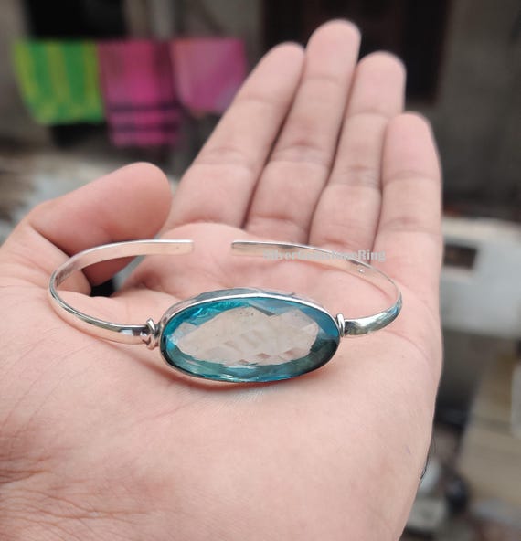 Aquamarine Gemstone Bangle: 925 Sterling Silver Boho Stacking Bangle Aquamarine Gemstone Bangle: 925 Sterling Silver Boho Stacking Bangle