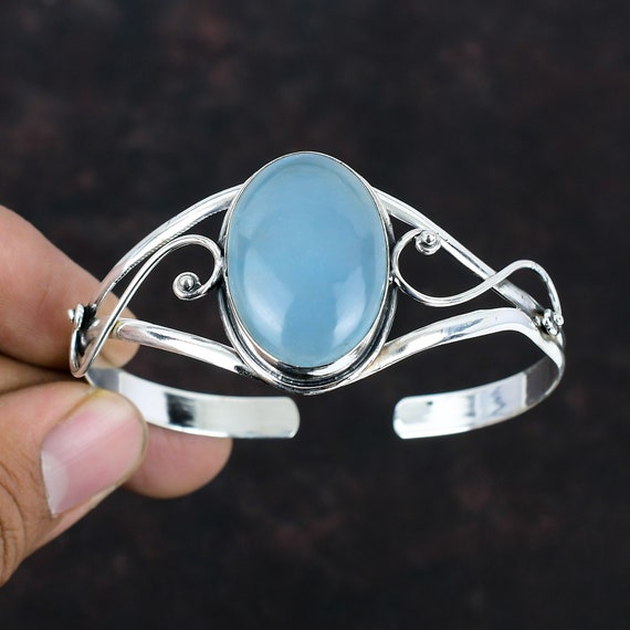 Aquamarine Gemstone Bangle: Handmade 925 Sterling Silver Adjustable Cuff Aquamarine Gemstone Bangle: Handmade 925 Sterling Silver Adjustable Cuff