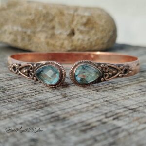 Aquamarine Gemstone Bangle, Pure Solid Copper Jewelry, Handmade Adjustable Cuff Bracelet