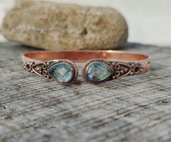Aquamarine Gemstone Bangle, Pure Solid Copper Jewelry, Handmade Adjustable Cuff Bracelet