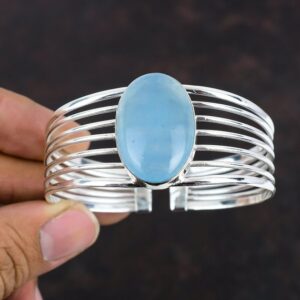 Handmade Aquamarine 925 Sterling Silver Cuff Bracelet - Adjustable Gemstone Bangle