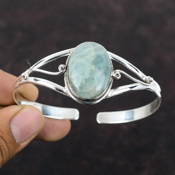 Handmade Aquamarine Cuff Bracelet: 925 Sterling Silver Adjustable Bangle