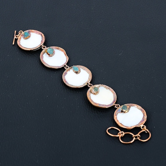 Handmade Electroformed Copper Bracelet: Mother Of Pearl & Aquamarine