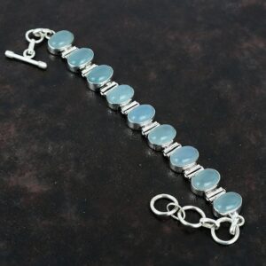 Handmade Aquamarine Bracelet, Oval Gemstone 925 Sterling Silver, Adjustable Chain