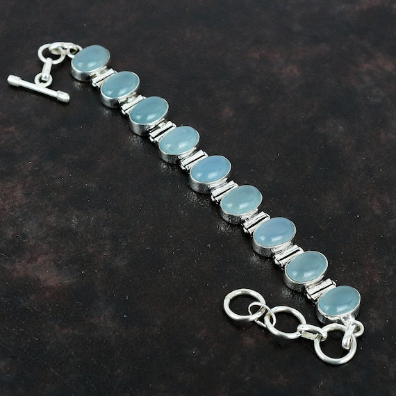Handmade Aquamarine Bracelet, Oval Gemstone 925 Sterling Silver, Adjustable Chain