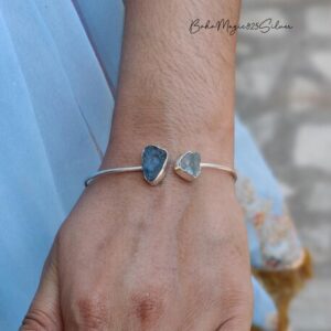 Handmade Raw Aquamarine Sterling Silver Bangle - Adjustable