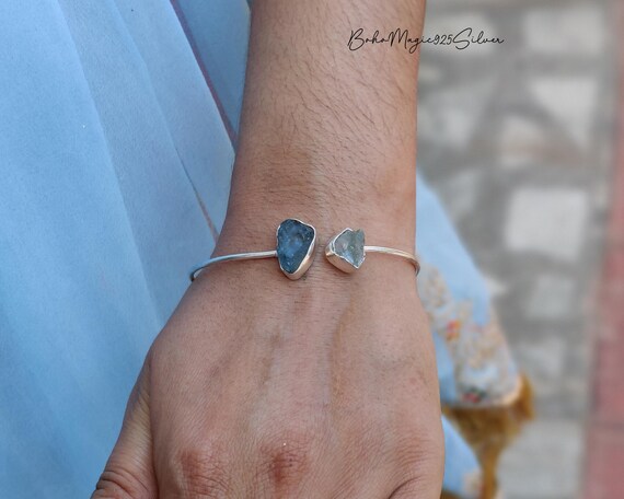 Handmade Raw Aquamarine Sterling Silver Bangle - Adjustable