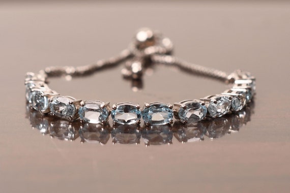 Oval Aquamarine Bolo Bracelet: Slider Chain Bracelets, Bridal Jewelry, Gifts For Her