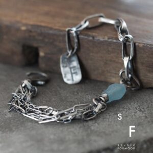 Oxidized Sterling Silver Aquamarine Bracelet - Raw Stone Chain Bracelet