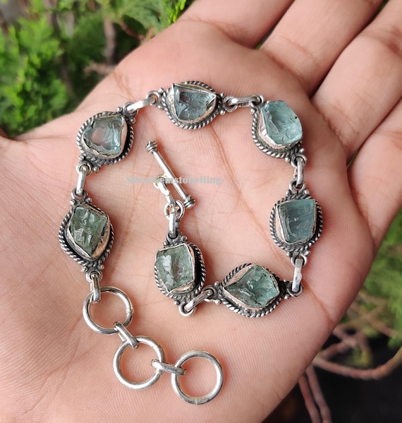 Raw Aquamarine Bracelet 925 Sterling Silver Bracelet, Adjustable Chain Bracelet, Gemstone Jewelry, Handmade Jewelry For Anniversary Gifts.