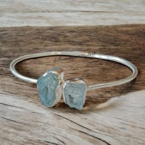 Raw Aquamarine Bangle: Handmade 925 Sterling Silver Adjustable Bracelet