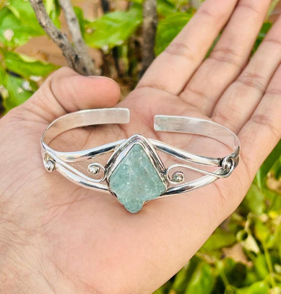 Raw Aquamarine Gemstone Bangle, 925 Sterling Silver, Handmade Jewelry, Gift Jewelry