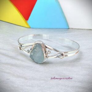 Raw Aquamarine Gemstone Bangle: Handmade 925 Sterling Silver Bracelet