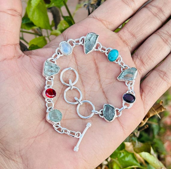 Raw Aquamarine & Multi Gemstone Bracelet, Handmade Jewellery, 925 Sterling Silver