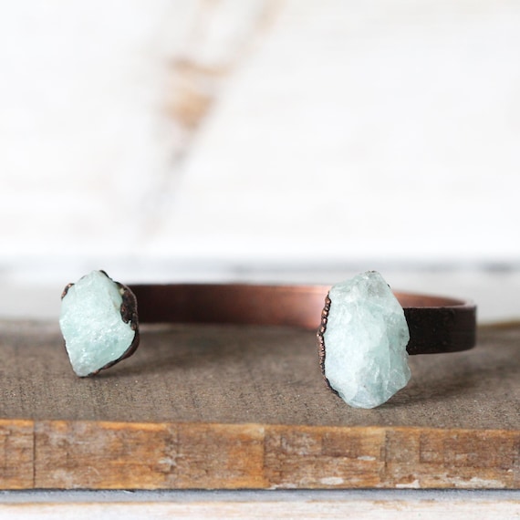 Raw Aquamarine Bracelet - Open Copper Cuff - Crystal Bracelet Raw Aquamarine Bracelet - Open Copper Cuff - Crystal Bracelet