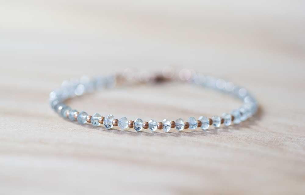 Aquamarine Bracelet With Rose Gold Fill Or Sterling Silver, Delicate Beaded Aquamarine Jewelry, March Birthstone Gift
