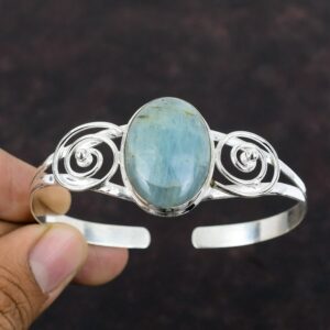 Aquamarine & Sterling Silver Bangle: Adjustable Handmade Cuff Bracelet