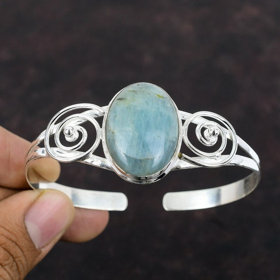 Aquamarine & Sterling Silver Bangle: Adjustable Handmade Cuff Bracelet