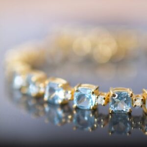 Aquamarine Tennis Bracelet, Cushion Cut, Sterling Silver, Rose Gold Overlay