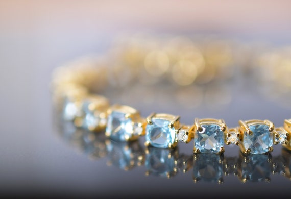 Aquamarine Tennis Bracelet, Cushion Cut, Sterling Silver, Rose Gold Overlay Aquamarine Tennis Bracelet, Cushion Cut, Sterling Silver, Rose Gold Overlay